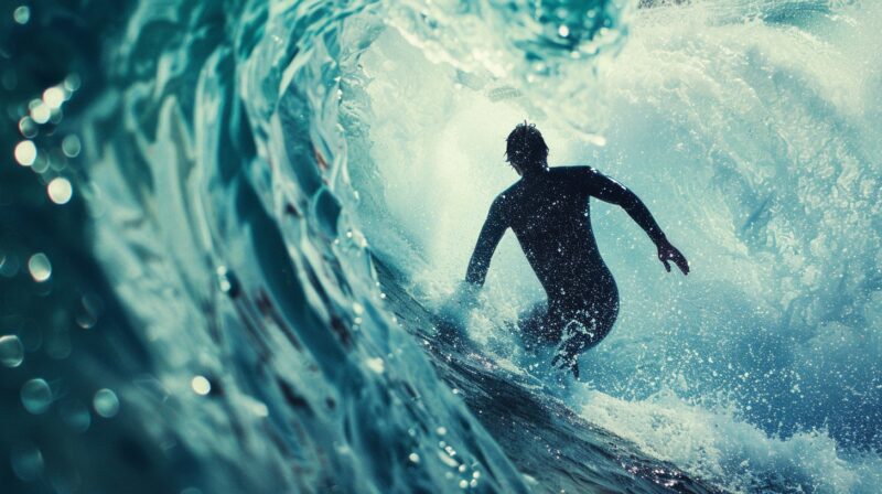 Man in wetsuite surfing between waves