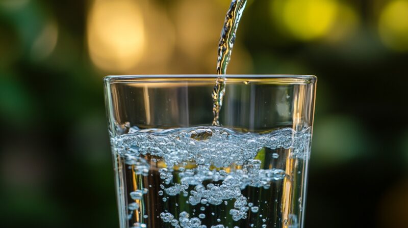 A close-up image of a clear glass being filled with fresh, bubbling water. The background is softly blurred with warm green and yellow tones, creating a calm and refreshing atmosphere